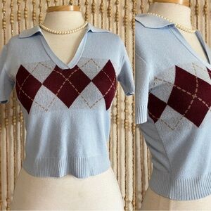 Forever 21 Y2K Preppy Blue Argyle Plaid V-Neck Collared Short Sleeve Sweater Top